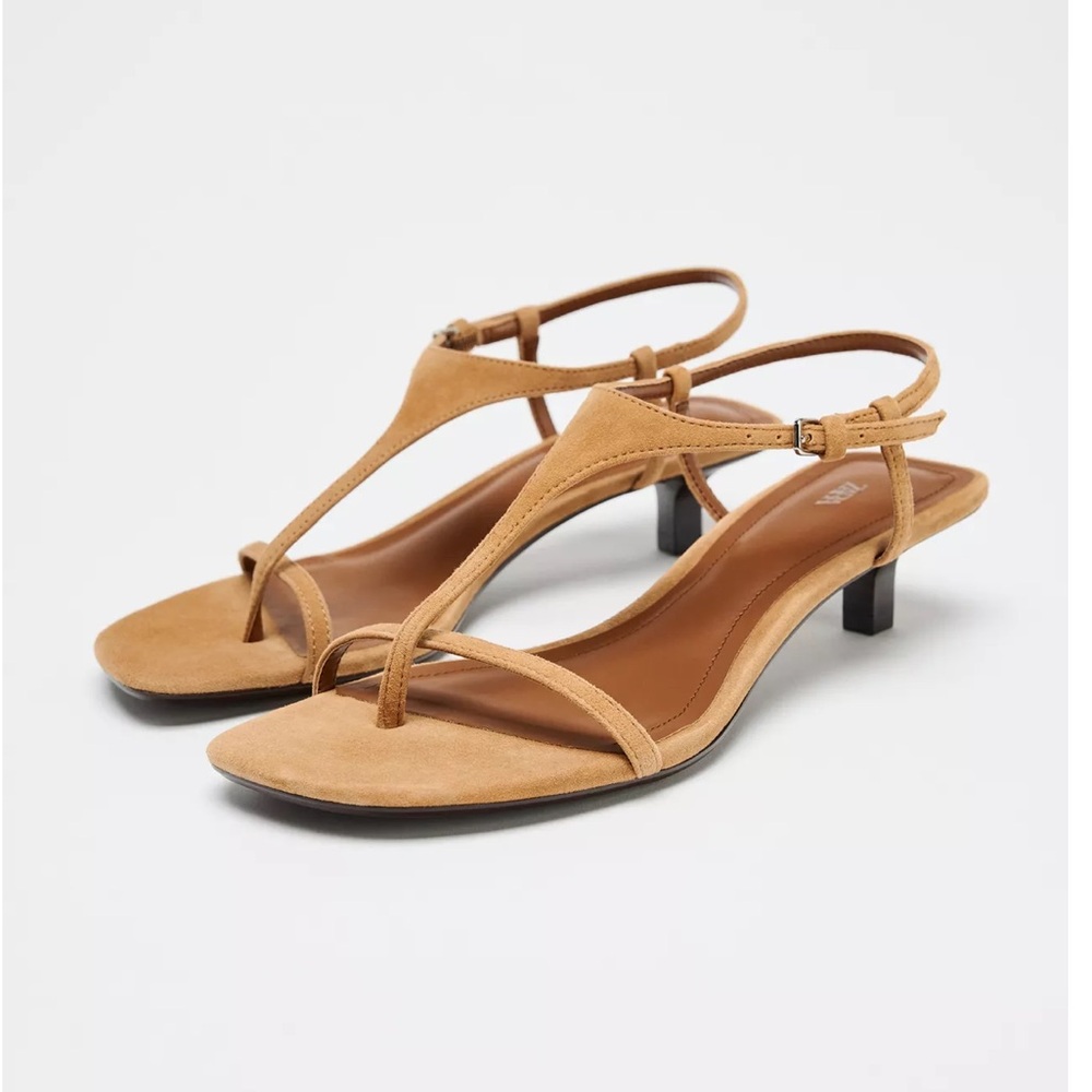 Zara Suede Leather Kitten Heel Sandals Tan NWT